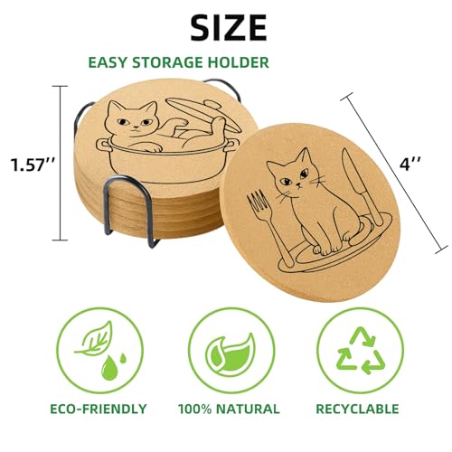 Coasters for Drinks with Holder Set of 6, Cat Cork Coaster Absorbent for Office Desk Cup Table Coasters Kitchen Decor House Warming Gifts for New Home, Round 4" - color: Cat004