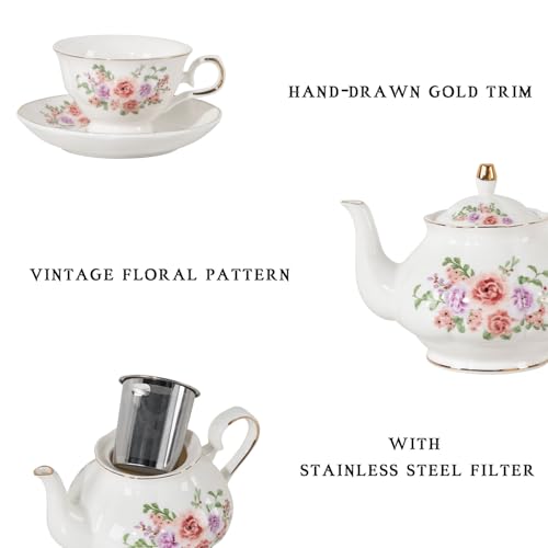 Sweejar Porcelain Tea Set Vintage Floral, British Relief Gold Rim Teapot Cup and Saucer Sets, 22-Piece Tea Sets for Adults, with Teapot, Sugar Bowl, Milk Jug, Spoons, Cup and Saucer (Rose Flower) - color: Rose Flower