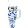 Blue and White Porcelain 40 oz Tumbler with Handle Straw Lid - color: Blue and White Porcelain