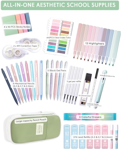 XKDOUS 54 Pcs Pencil Case with Supplies, Cute Aesthetic Stationery Set - color: Green