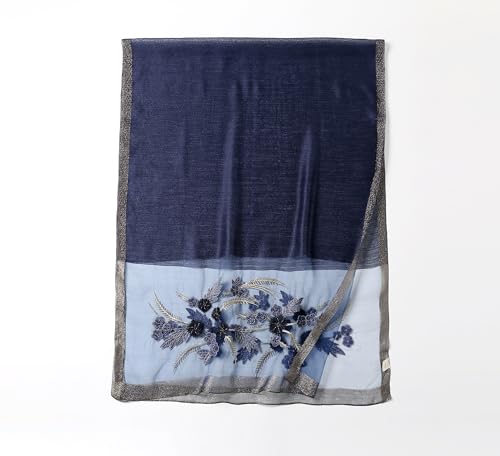 Jeelow Long Silk Blend Embroidered Floral Shawl Scarf Wrap for Women - color: Navy Flowers