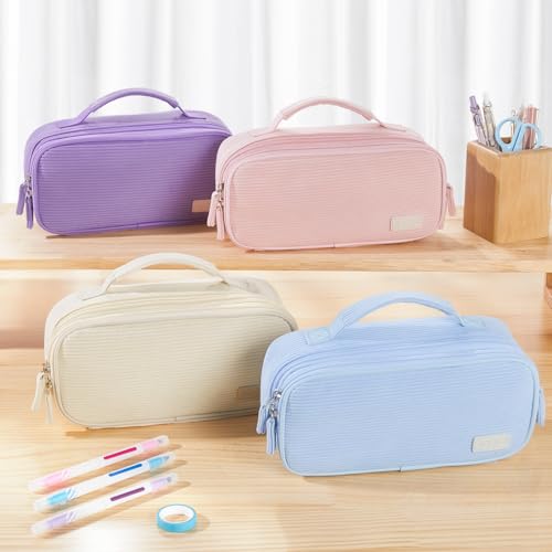 Sooez Large Pencil Case Pouch, Soft Corduroy Pencil Bag with Handle - color: Blue