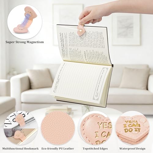 2Pcs Magnetic Leather Heart Bookmarks with Pen Holder, Cute Inspirational Motivational Quotes Book Markers Clip with Gift Box, Reading Accessories for Book Lovers Women Teacher (Pink, Yes I Can Do It) - color: Pink-yes I Can Do It