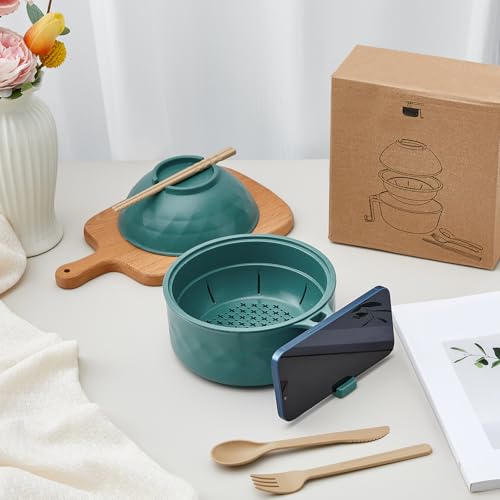 1 Set Microwave Ramen Cooker Bowl with Utensils, Dark Green - color: Dark Green