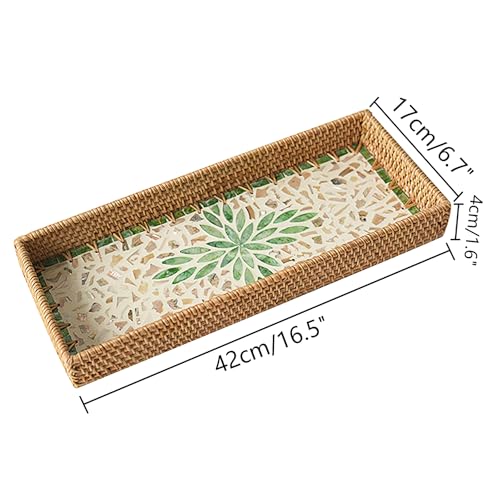 i-lan Rectangular Rattan Tray with Mother of Pearl Inlay，Rattan Bathroom Vanity Trays Long Narrow Toilet Tank Flat Basket,Decorative Hand Towel Storage Basket (Green Leaf)