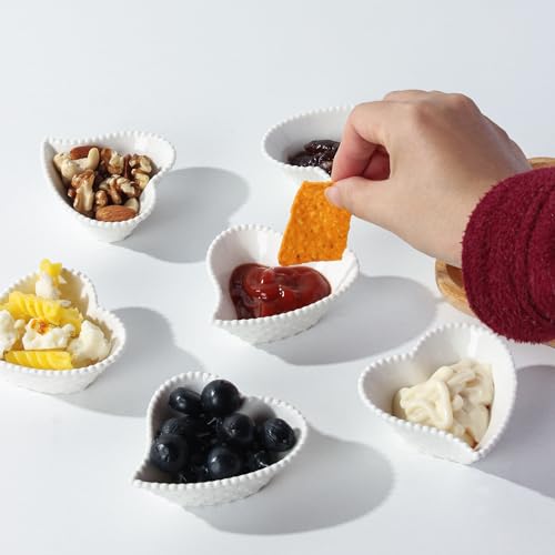 UIBFCWN 6 Pack 1.7 Oz Ceramic Soy Sauce Dish, White Dipping Sauce Bowls, Heart Shape Dipping Bowls for Ketchup, Vinegar, Sushi, BBQ and Party Dinner, Condiment Server - size: 1.7 oz Heart-6 Pack