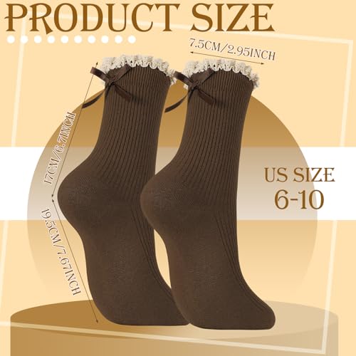 6 Pairs Womens Bow Socks, Ruffle Casual Crew Socks - color: Black,off‑white,beige,white,dark Gray,brown