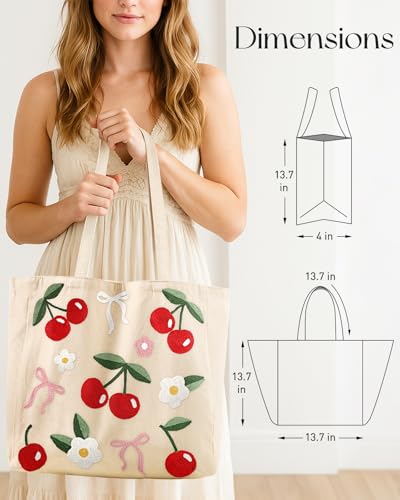 Miss Adola Embroidery Canvas Tote Bag with Pocket & Buckle - color: Cherry