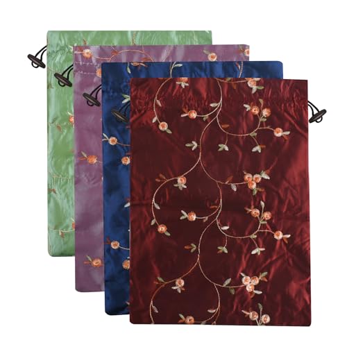 Embroidery Silk Flower Shoe Bag 4Pcs Drawstring Silk Jacquard Travel Bag Underwear Bags Washable Big Sachet Bag Storage Bags for Men Women - color: Wine red, blue, light green, light violet