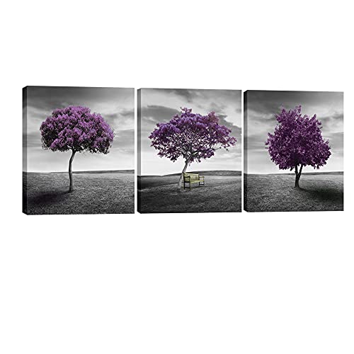 Pyradecor 3 Panels Purple Trees Giclee Canvas Prints Wall art Paintings for Living Room Bedroom Home Decorations Large Modern Gallery Wrapped Landscape Fall Forest Pictures Artwork Ready to Hang L - size: 20 x 20 inch x 3 pcs (50 x 50 cm x 3 pcs)