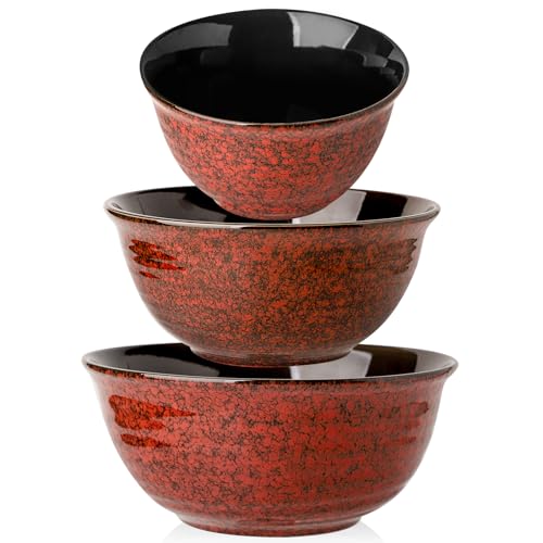 Hasense Mixing Bowls Set of 3, Procelain Serving Bowls Set for Cooking, Baking, Large Nesting Bowls for Salads, Fruit, 2.1/1.5/1.0 Qt, Dishwasher & Microwave Safe, Red - color: Red, size: 40+65+84 Ounce