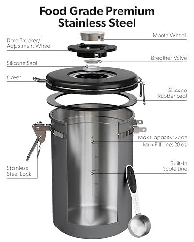 Veken Coffee Canister with Window, Airtight Stainless Steel Container, 22OZ - color: Grey, size: 22 oz