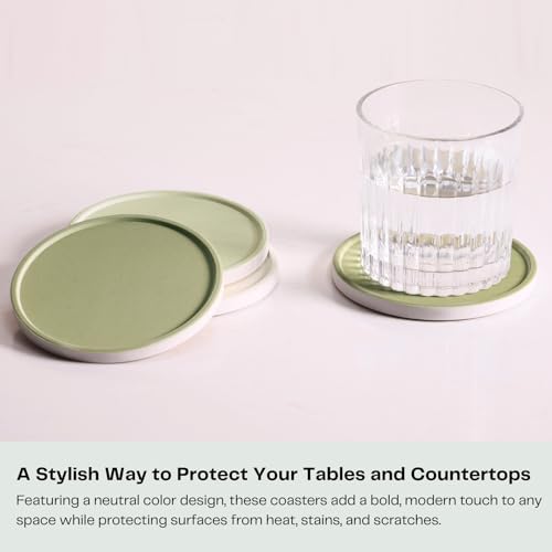 Set of 6 Beige and Green Coasters with Holder, Absorbent Ceramic Drink Coasters with Cork Backing for Table Protection, Table Decor, Housewarming Gifts - color: Green Series