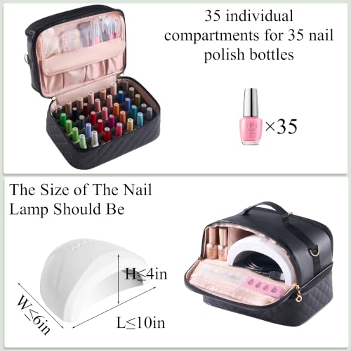 CTWWFS Nail Polish Organizer Holds 35 Bottles & Nail Lamp, Nail Organizers and Storage, Double Layer Nail Bag with Handle & Shoulder Strap for Travel, Nail Supplies Organizer for Manicure Kit (Black) - color: Black (35Bottles）