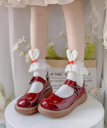 Cute Lolita Rabbit Bunny Ears Socks for Women & Teen Girls - Lace Bow Short Novelty Ankle Socks - color: Red