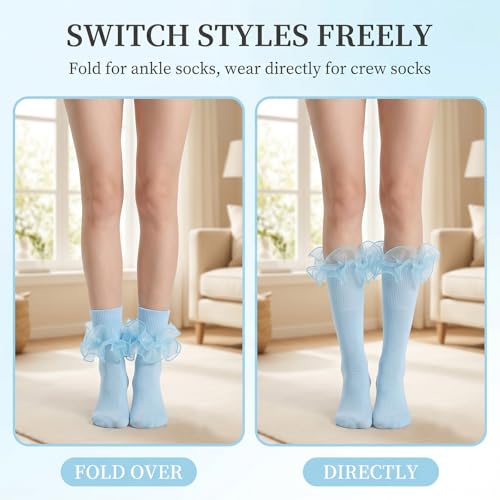 Big Ruffle Socks Women(Size 5-11) Turn Cuff Cotton Lace Frilly Socks - color: Green,blue,rose Red,beige, size: 5-9
