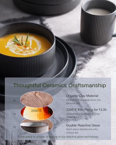 Famiware Star Stoneware Dinnerware Sets for 8, Reactive Glaze Plates, Bowls - color: Matte Dark Charcoal
