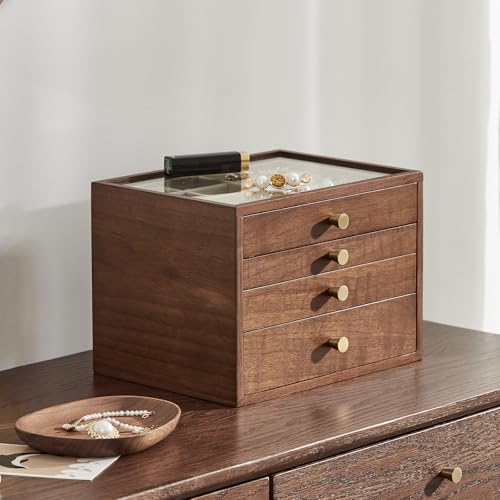 Black Walnut Wooden Women Jewelry Box with Glass Lid, 4 Layer - style: 4 Layer A