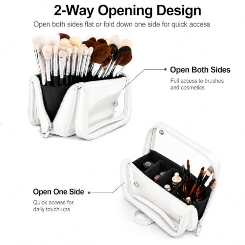 YDR Travel Makeup Brush Holder, Standing Makeup Brush Bag with Clear Window, Detachable Dividers, Large Capacity PU Leather Makeup Brush Case for Women & Makeup Artists - color: White
