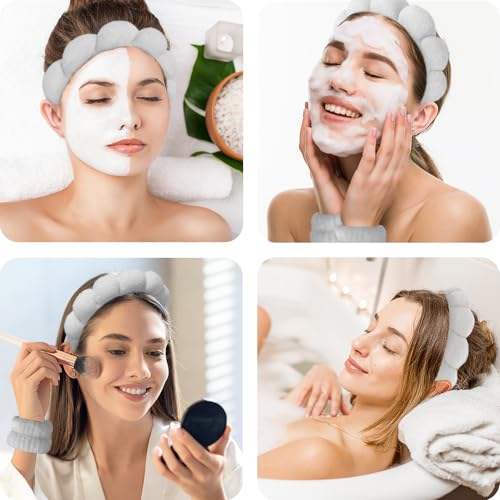 Spa Headbands for Washing Face Wristband Set Sponge Makeup Skincare Headband Wrist Towels Bubble Soft Terry Towel Cloth Hairband for Women Puffy Headwear Non Slip Thick Thin Hair Headwear (Gray) - color: Gray