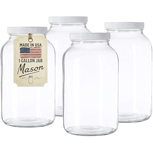 kitchentoolz 1 Gallon Glass Jar Wide Mouth with Airtight Foam Lined Plastic Lid - Large Mason Jar for Fermenting Kombucha Kefir - Storing and Canning (4) - color: Clear, size: Pack of 4