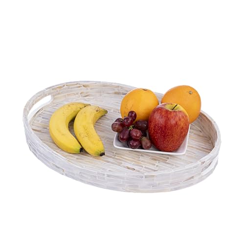 PEMAR 15.7"x11.8" Oval Mother of Pearl Serving Tray, Decorative Ottoman Tray for Living Room, Coffee Table, Breakfast in Bed, Candle Display (White Cream) - color: White Cream