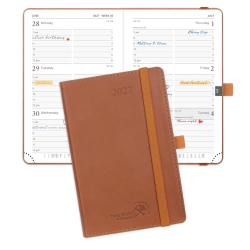 POPRUN Pocket Calendar 2027 for Purse, Weekly & Monthly Planner Pocket Size - color: Brown, size: Pocket-4" x 6.25", style: Calendar Year 2027