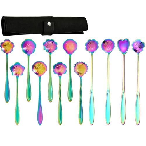 12 Pcs Flower Coffee Tea Spoons Set with Storage Bag, 4 Long & 8 Short Stainless Steel Teaspoons for Sugar Dessert Ice Cream Stirring, Cute Fancy Tableware for Tea Party Kitchen Cafe Bar(Multicolor) - style: Multicolor