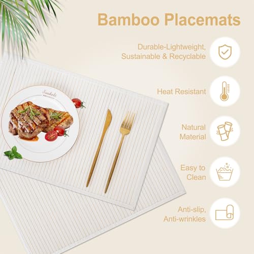 Bamboo Placemats Set of 4 with Fabric Border, Table Mats, White - color: White, size: Set of 4