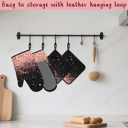 Rose Gold Glitter Silicone Oven Mitts and Pot Holders,Heat-Resistant 4 Piece Kitchen Set Non-Slip Oven Gloves and Hot Pads for Cooking, Baking, Grilling,BBQ - color: Rose Gold Glitter