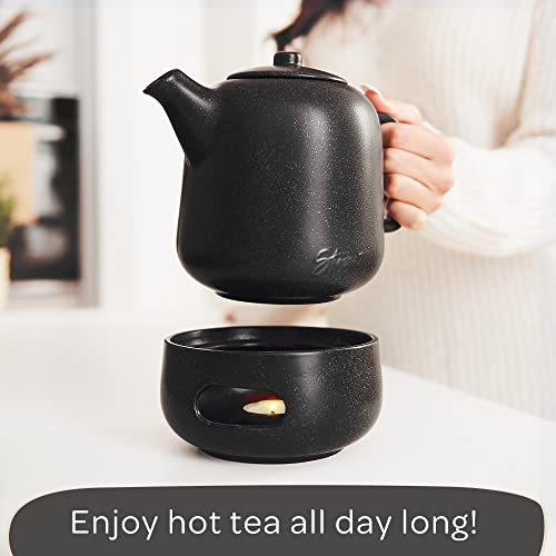 Steinzeit Design Tea Pot with Warmer (44 oz) - Premium Ceramic Teapot with Infuser for Loose Tea - Black Teapot Ceramic with Removable Steamer - size: 44 oz with warmer