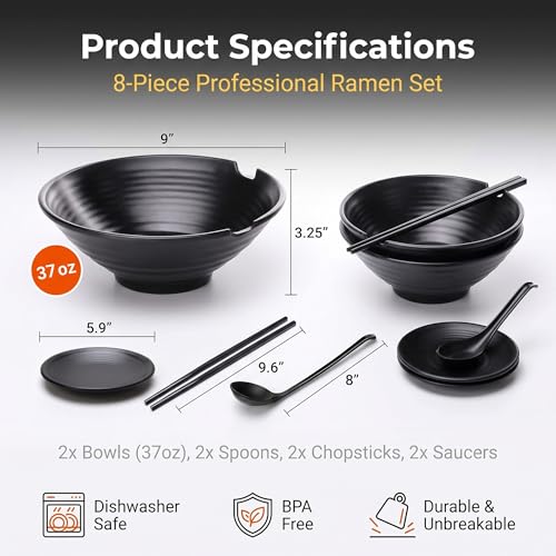 (Set of 2) Unbreakable Japanese Style Ramen Bowl with Chopsticks Spoon & Dipping Bowl Saucers, Large Black Matte Melamine Bowls for Pho Thai Miso Udon Soup Noodles, Asian Food & Wonton