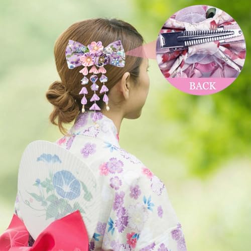 Umibow Japanese Kimono Flower Hair Clip Bowknot Tassel Hairpin Japanese Style Traditional Tsumami Kanzashi Hair Barrettes Hanfu Hair Pin Wedding Hair Accessories (Purple) - color: Purple