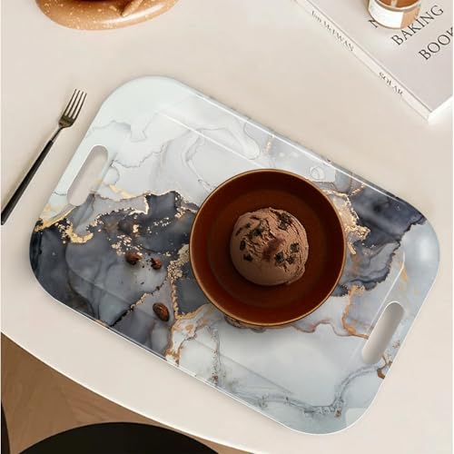 Serving Trays with Handles, 14.5 x 9.8 inch Rectangular Plastic Tray for Restaurant, Kitchen, Gray and Golden Marble - color: Gray and Golden Marble