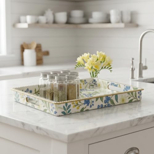 Decorative Serving Tray, Vintage Blue Berry Plastic Tray with Handles & Gold Rim, Multipurpose Storage Tray for Coffee Table, Bathroom, Kitchen & Entryway Home Decor. 15.7" x 11.8" x 1.57" - color: Blue&yellow