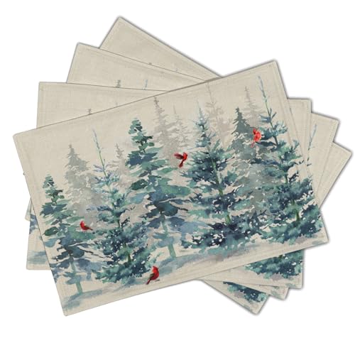 Winter Forest Tree Placemats Set of 4，Pine Tree Christmas Red Bird Heat Resistant Non Slip Place Mats Cotton Linen Tablemats for Dining Table Kitchen Decor 18 x 12 Inch - color: Winter Watercolor Pine Tree