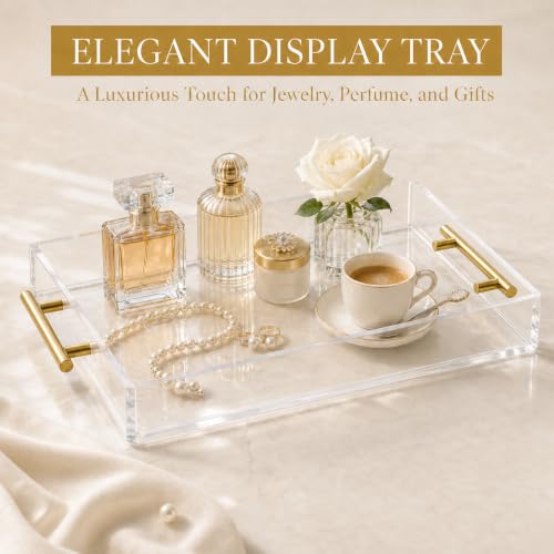 Clear Acrylic Tray 15x10” with Golden Metal Handles - Large Plastic Tray for Serving Guests, Countertop Organization, Ottoman Coffee Table & Vanity – Modern Decorative Tray for Home & Office - color: Golden Handles - Transparent, size: 15" x 10" x 2"