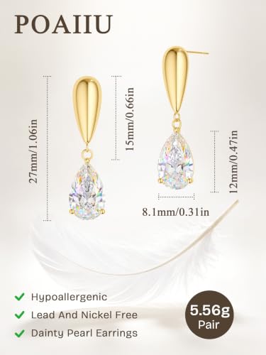 Pearl Earrings for Women,14K Gold/Silver Plated Dangle Drop Earrings - color: Gold-CZ