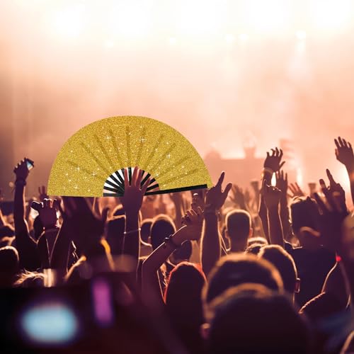 Large Folding Hand Fan Glitter Large Rave Hand Fan, Folding Shiny Hand Fan Clack Handheld Fan Women Handheld Fan with Bag for Festival, Disco Party, Club, Dance, EDM, Home Decoration(Gold) - color: Gold