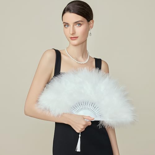 BABEYOND 1920s Marabou Feather Folding Hand Fan - color: Off White