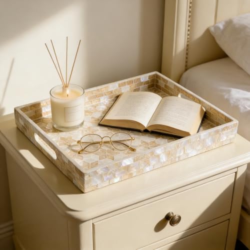 Rectangular Mother of Pearl Serving Tray, Handmade Ottoman Decorative Shell Tray with Handles for Fruit Bread Tea Breakfast Coffee Table Party Home Decor (White Gold Flower) - color: White Gold Flower