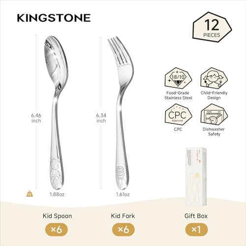 KINGSTONE 12 Pcs Large Kids Utensils, 18/10 Stainless Steel, Honey Bear - color: Honey Bear, size: 12-Piece (Large)