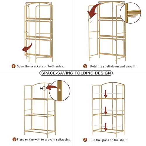 Crofy 3-Tier Foldable Bookshelf, Gold Frame & Transparent Shelves - color: Gold Frame & Transparent Shelf, size: 3 Tier