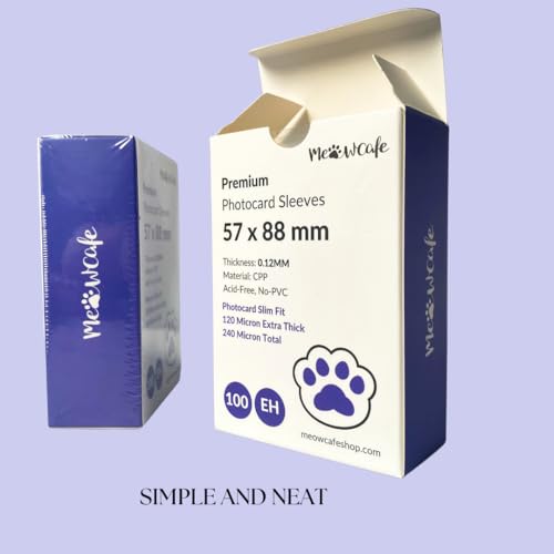 MEOWCAFE Premium CPP Card Sleeves in Box Design, Strong, Thick, High Clarity Kpop Photocard Sleeve, 100 Sleeves (57x88mm (120 Micron)) - size: 57x88mm (120 Micron)