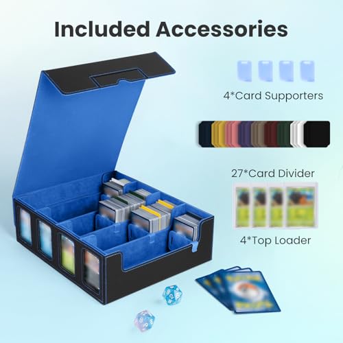 Trading Card Storage Box with Commander Display, 4-Row Deck Case with Removable Lid & Handle, 3000+ Card Organizer with 24 Colorful Dividers & 4 Stoppers for MTG, Black & Blue - color: Black & Blue, size: 3000+, with Handle