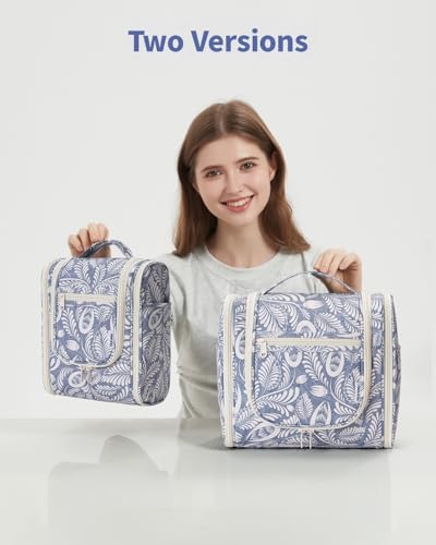 Narwey Hanging Travel Toiletry Bag for Women, Cosmetic Makeup Bag - color: B-Blue Leaf, size: Medium