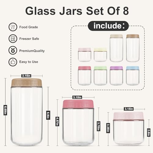 SHOWIN Overnight Oats Containers with Lids, Glass Jars with Lids 8 pcs, Wide Mouth Mason jars for Salad, Yogurt, Snacks, Meal Prep - color: Multicolor, size: 10&16oz&24oz-8pc