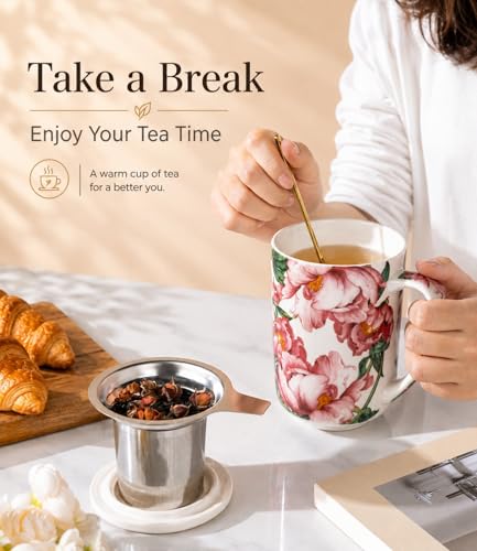 AmorArc Tea Cup With Infuser and Lid, 18oz Loose Leaf Tea Mug With Steeper - color: Colorful Peony