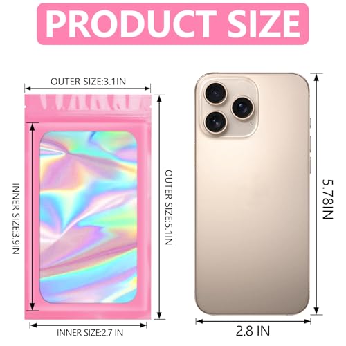 Funfery 100pcs Pink Mylar Holographic Bags-Resealable Zipper&Clear Window - color: Pink, size: 3.1 x 5.1 Inch