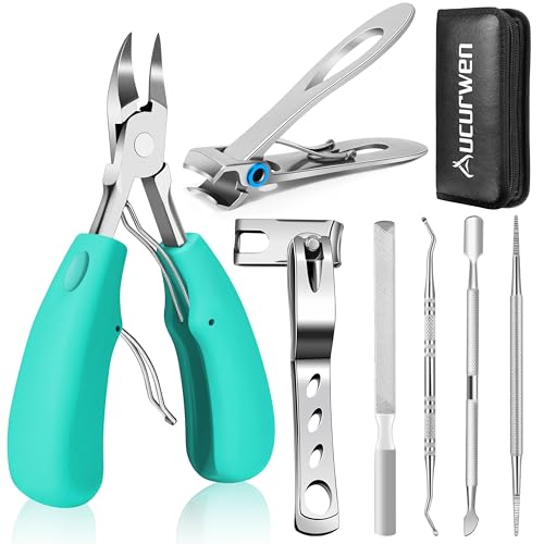 Toenail Clippers for Seniors Thick Toenails, Aucurwen Heavy Duty Toe Nail Clippers Adult Thick Nails Long Handle, Large Toenail Clippers for Thick Nails 7Pcs(Cyan) - color: Cyan